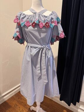 Striped Off-Shoulder Dress with Floral Embroidered Trim